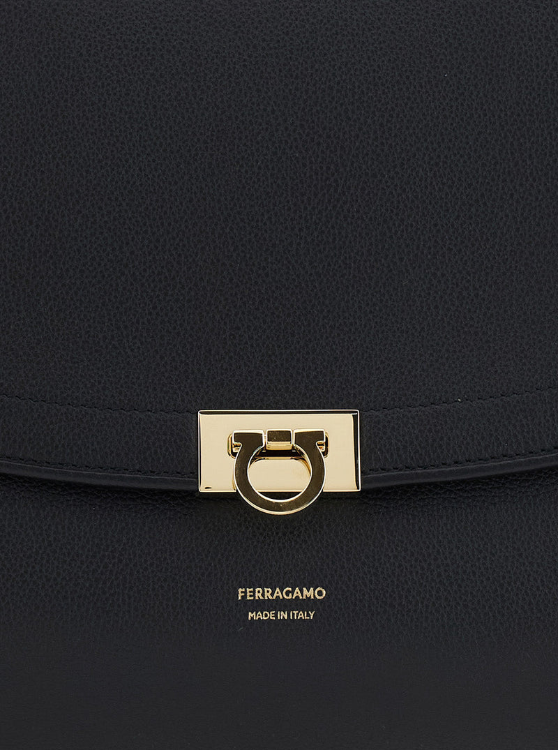 Ferragamo Gancini Buckle Leather Shoulder Bag — Black Calf