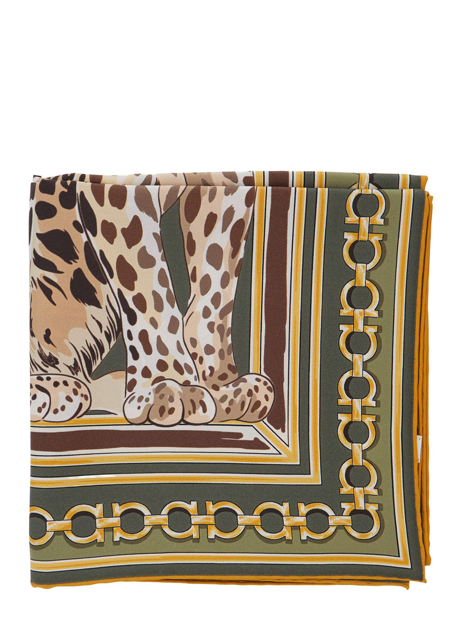 Ferragamo Animal-Print Silk Scarf — Green Scarfs