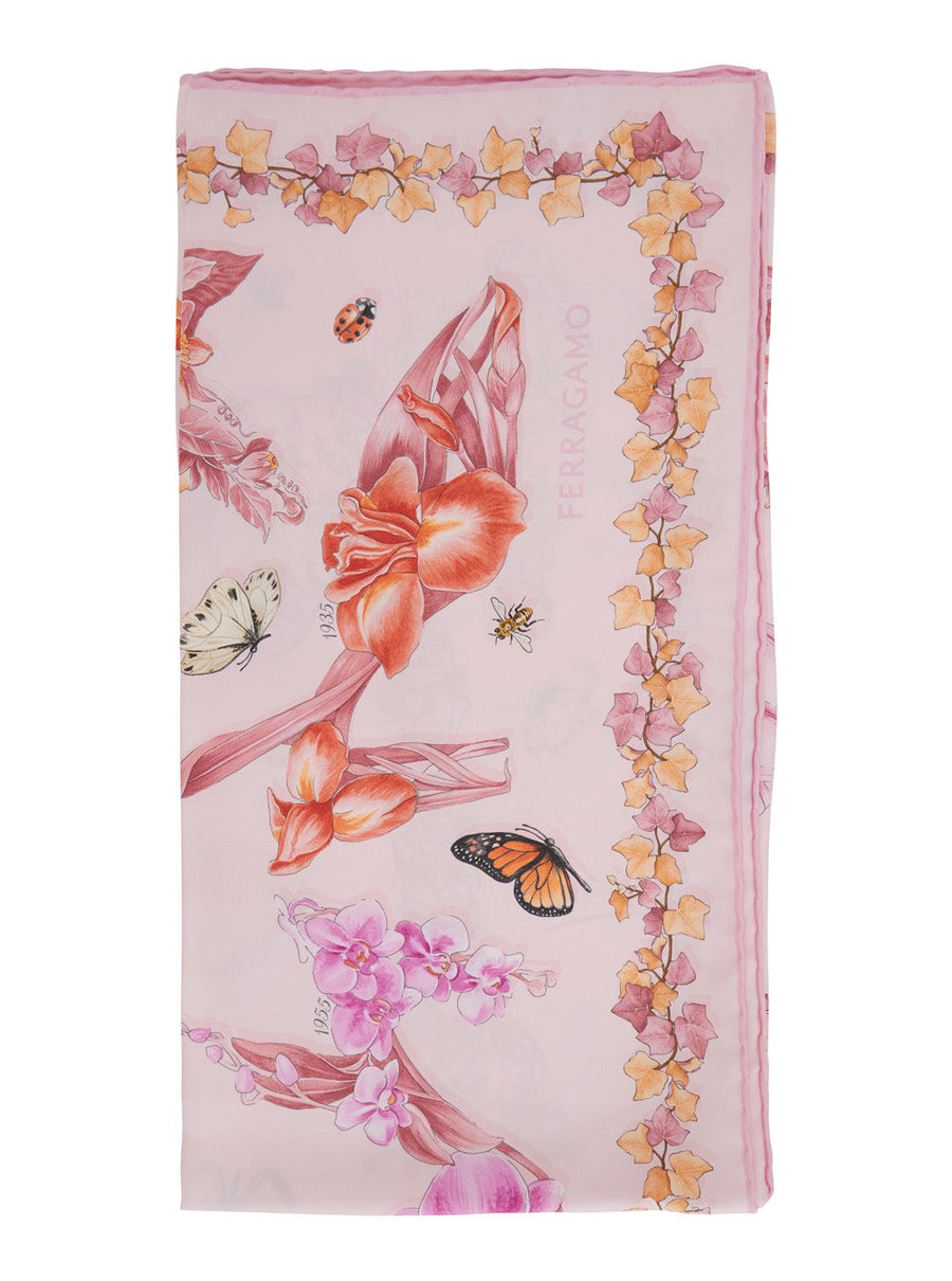 Ferragamo Floral-Printed Silk Scarf — Pink Scarfs