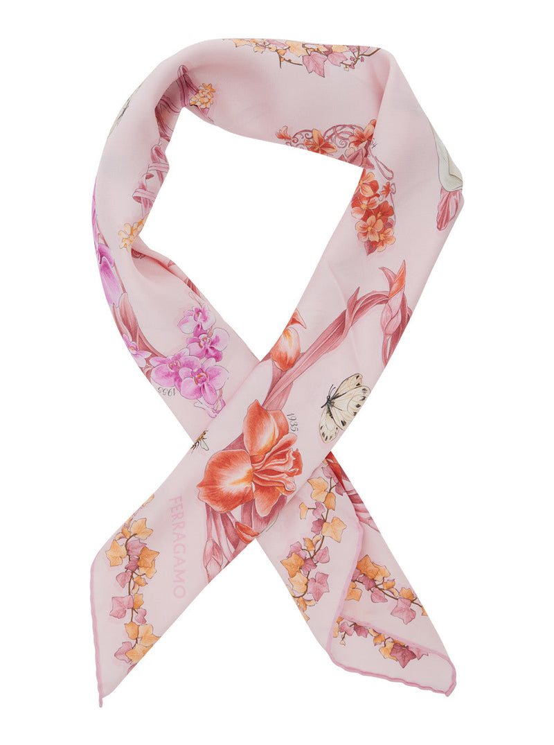 Ferragamo Floral-Printed Silk Scarf — Pink Scarfs