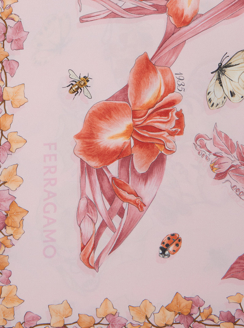 Ferragamo Floral-Printed Silk Scarf — Pink Scarfs