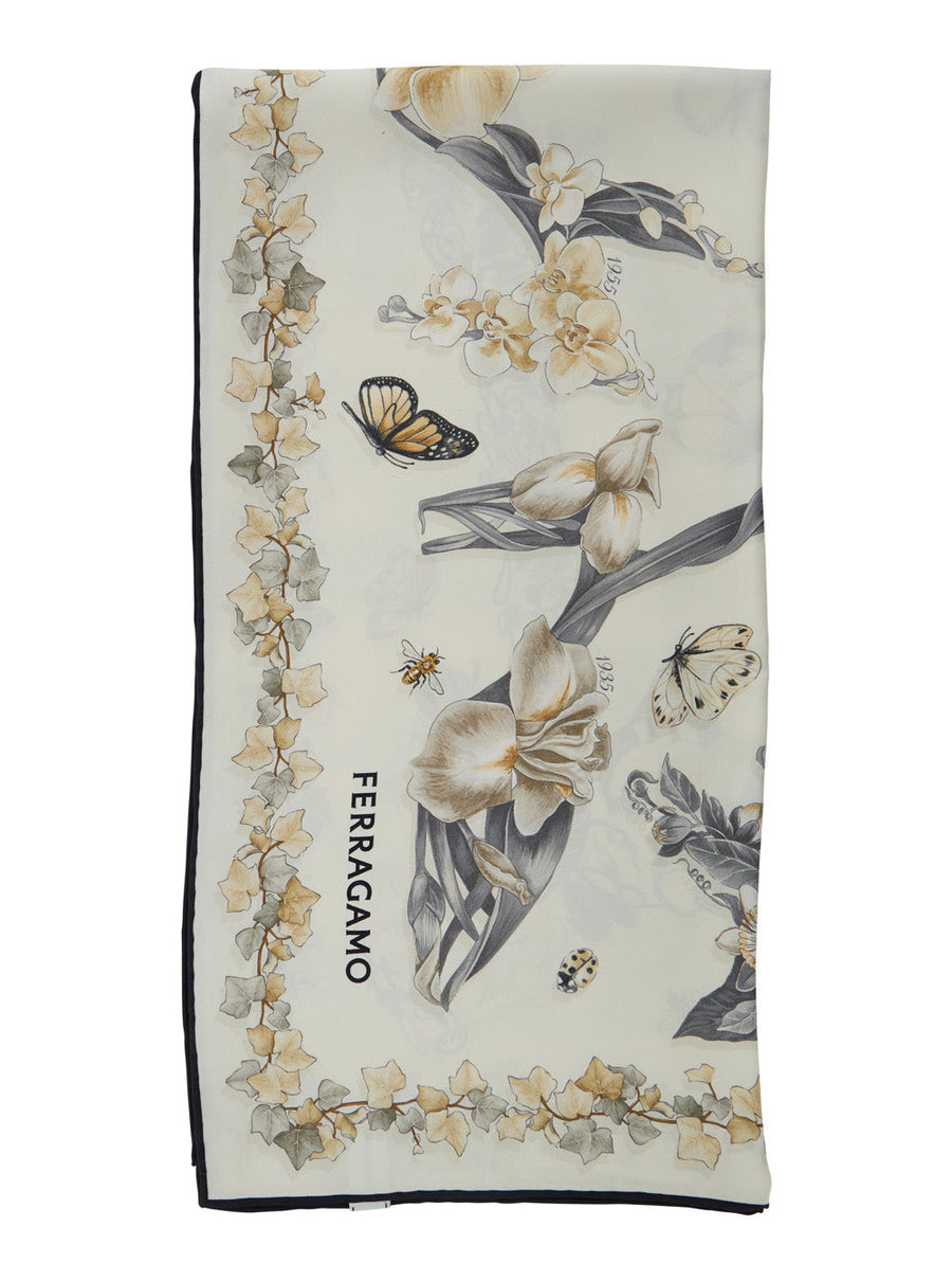 Ferragamo Floral Print Silk Scarf — Beige Scarfs