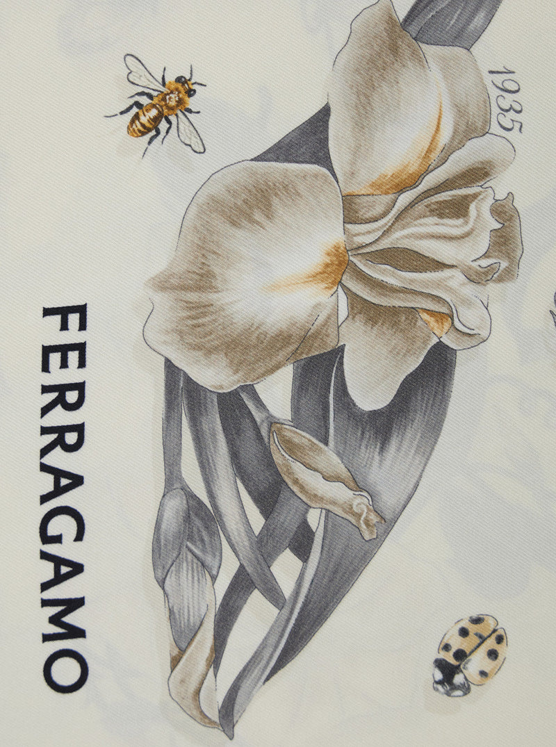 Ferragamo Floral Print Silk Scarf — Beige Scarfs