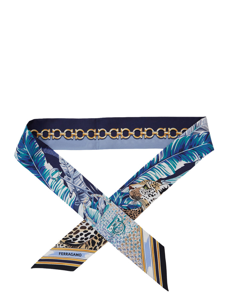 Ferragamo Leopard-Print Silk Scarf — Blue Scarfs