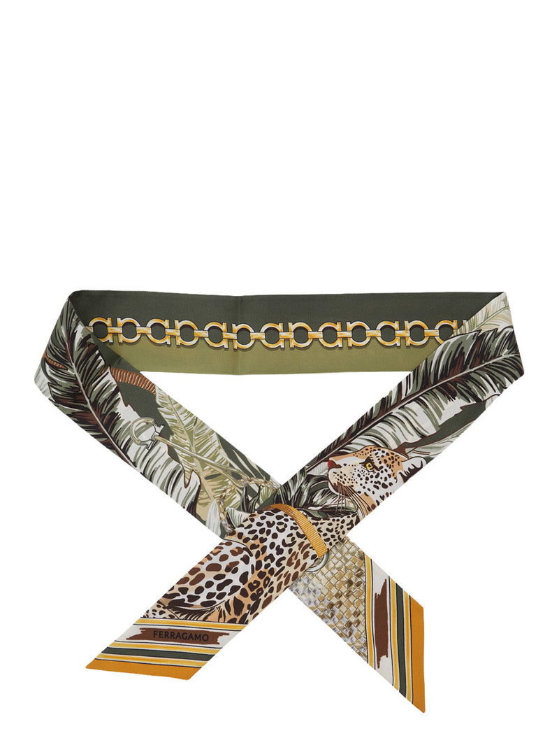 Ferragamo Leopard-Print Silk Scarf — Green Scarfs