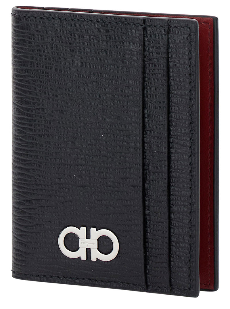 Ferragamo Gancini-Embellished Calf Leather Card Case — Black Cases