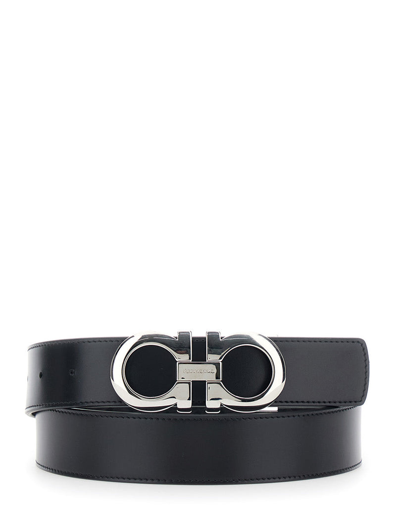 Ferragamo Gancini Buckle Reversible Leather Belt — Black Calf