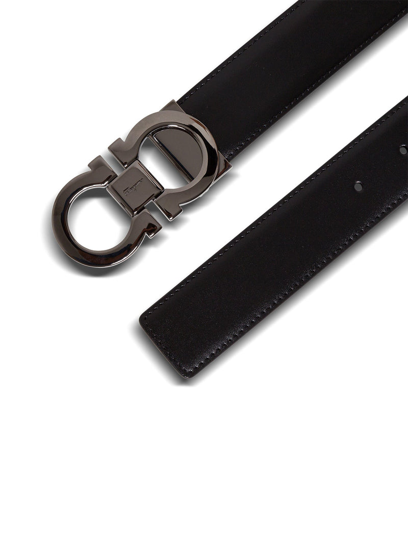 Ferragamo Gancini Buckle Reversible Belt — Black Calfskin