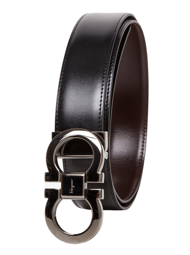 Ferragamo Gancini Buckle Reversible Belt — Black Calfskin