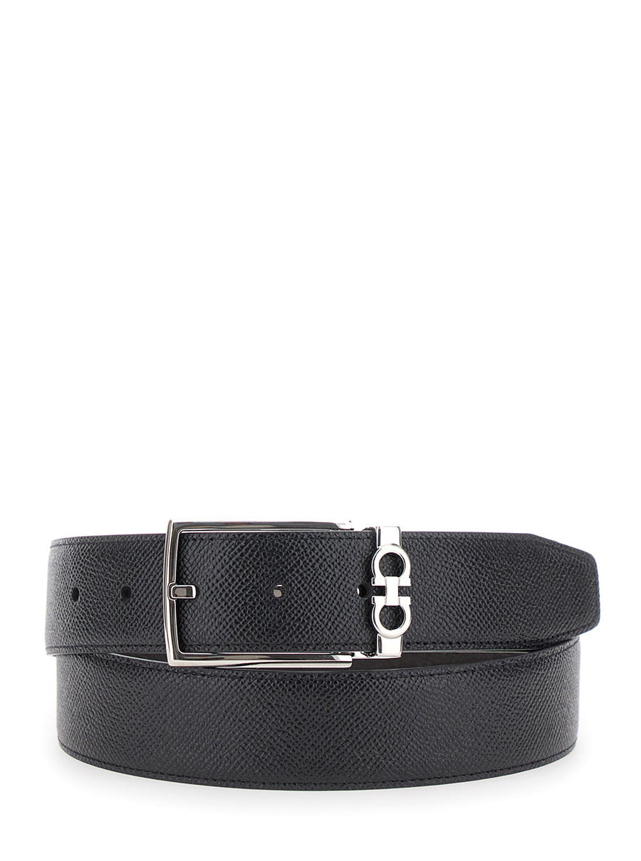 Ferragamo Reversible Gancini Buckle Belt — Black Calf Leather