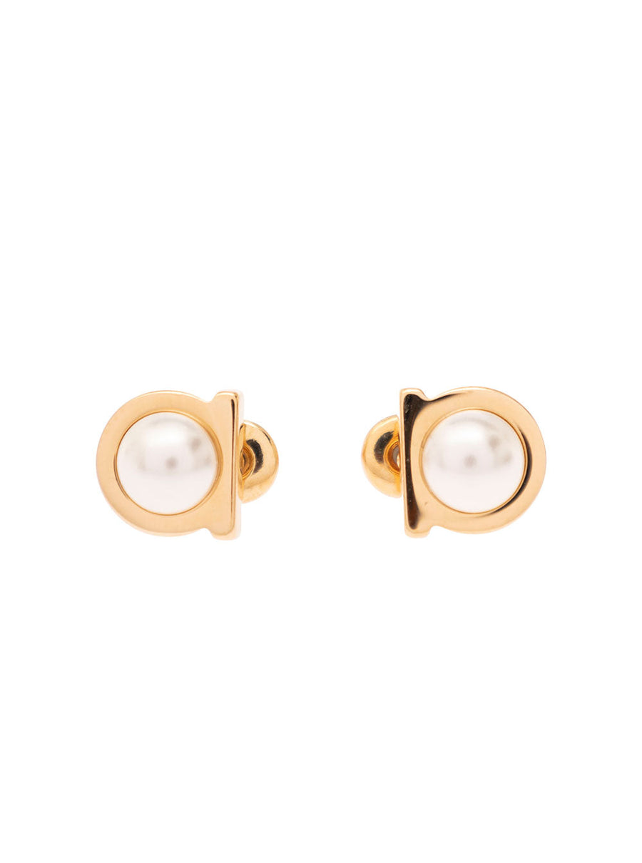 Ferragamo Pearl & Brass Hook Earrings — Gold