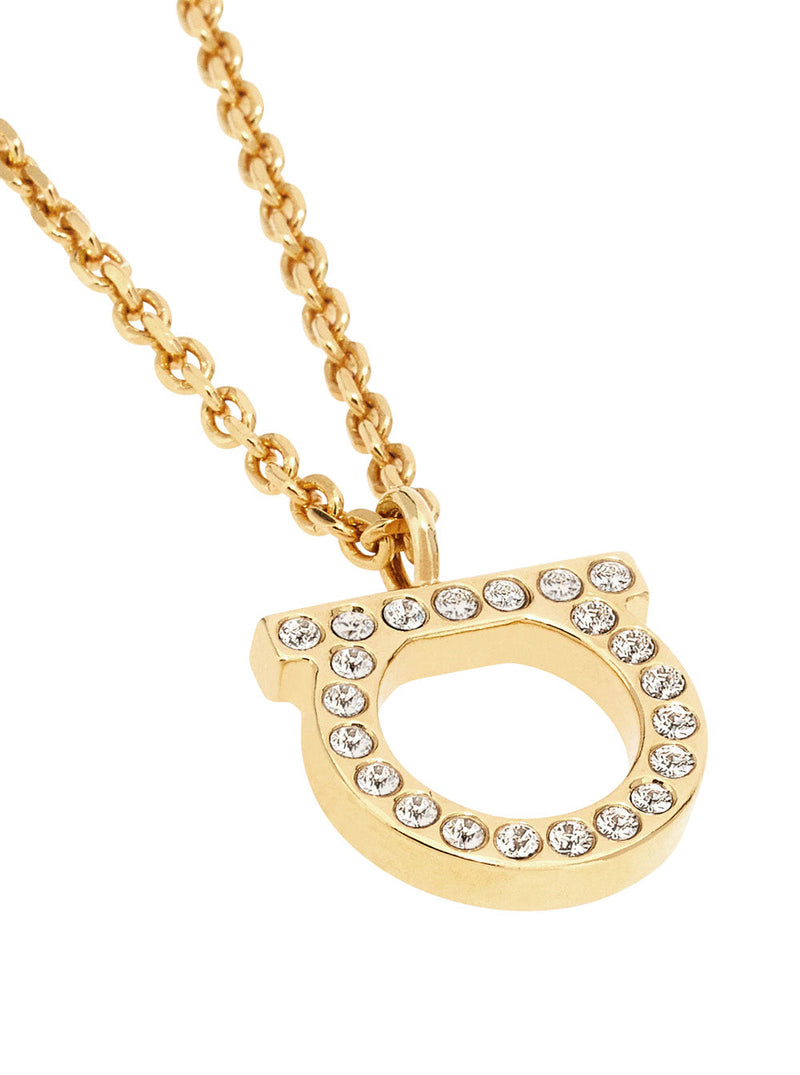 Ferragamo Rhinestone-Embellished Pendant Necklace — Gold Brass Necklaces