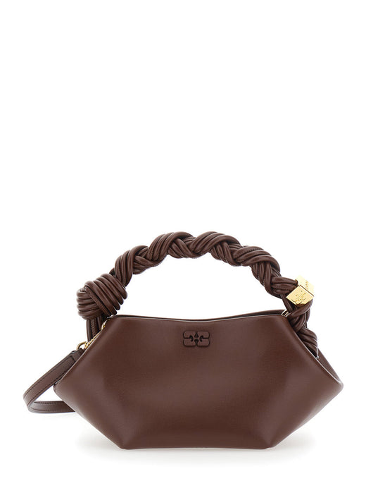 Ganni Twisted-Leather Handle Top Bag — Brown Leather And Technical Fabric