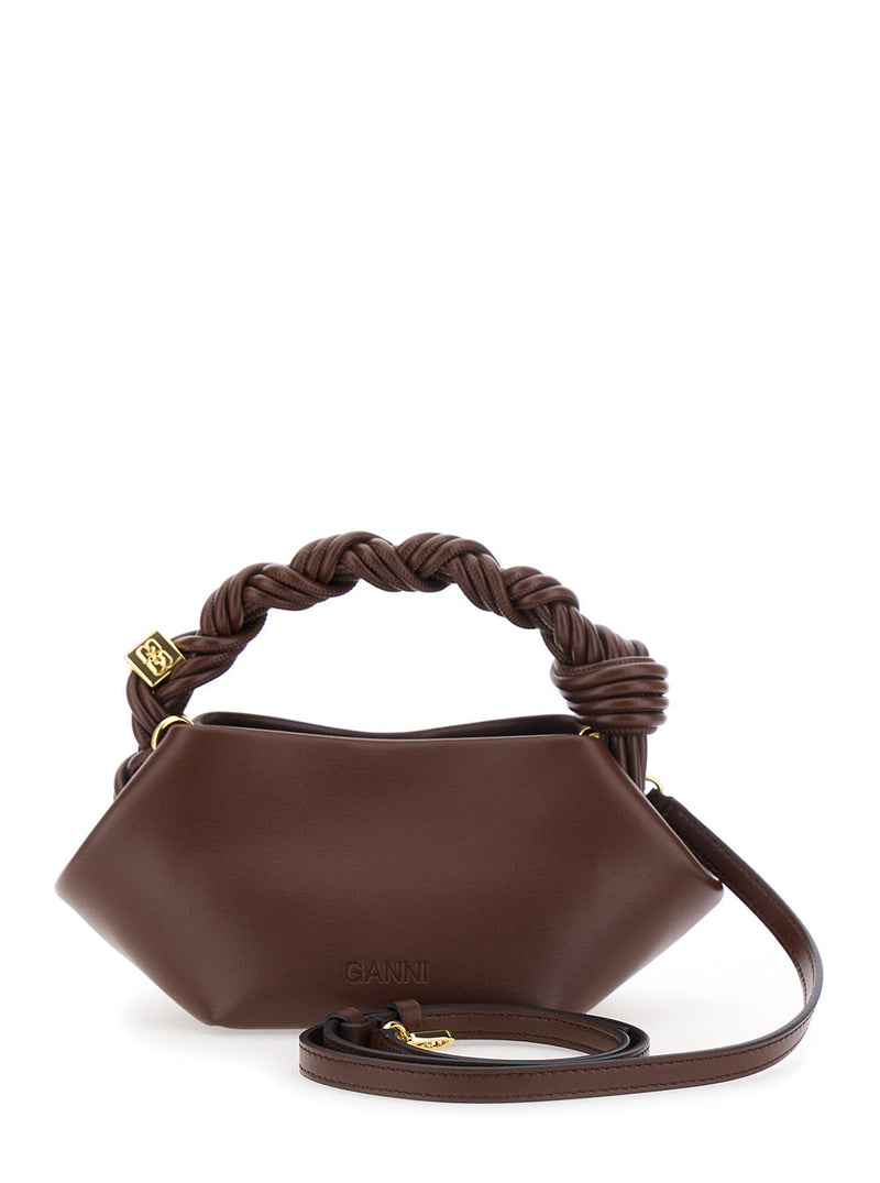 Ganni Twisted-Leather Handle Top Bag — Brown Leather And Technical Fabric