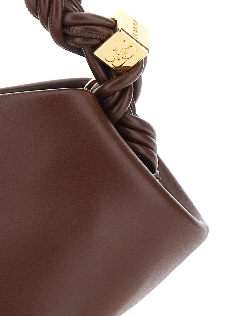 Ganni Twisted-Leather Handle Top Bag — Brown Leather And Technical Fabric