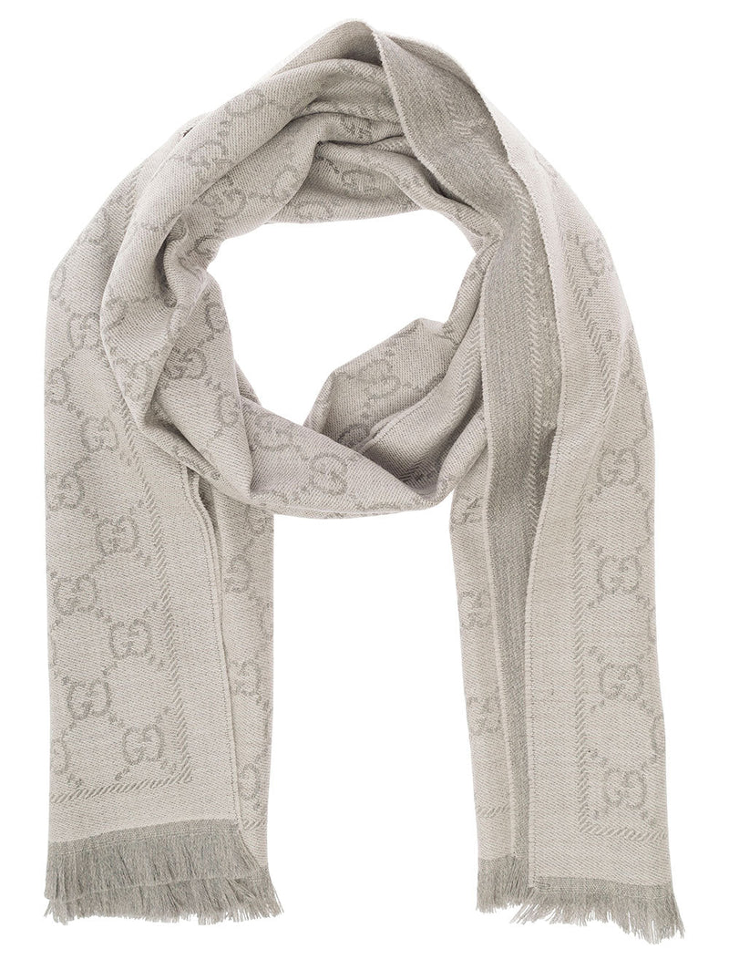 Gucci Logo-Jacquard Wool Scarf — Gray Scarfs