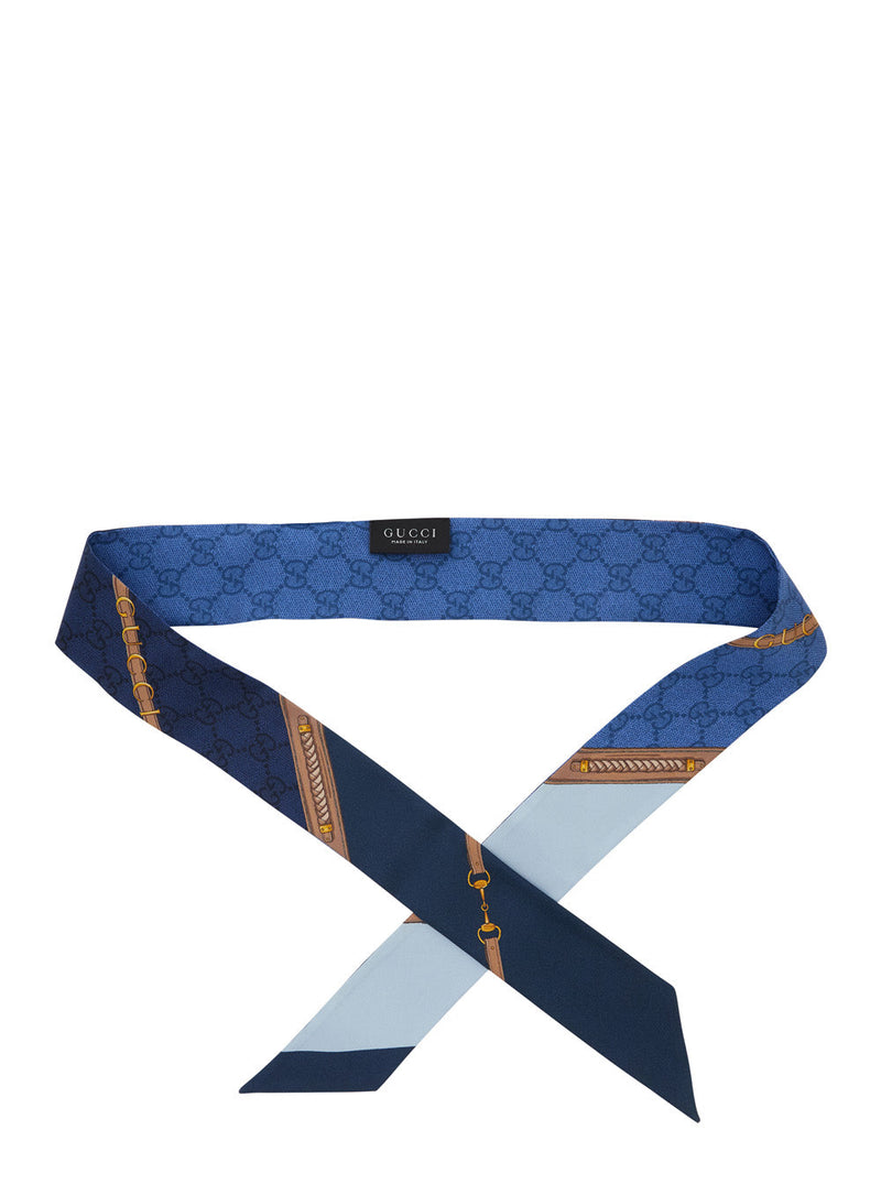 Gucci Silk All-Over Gg Print Scarf — Blue Scarfs