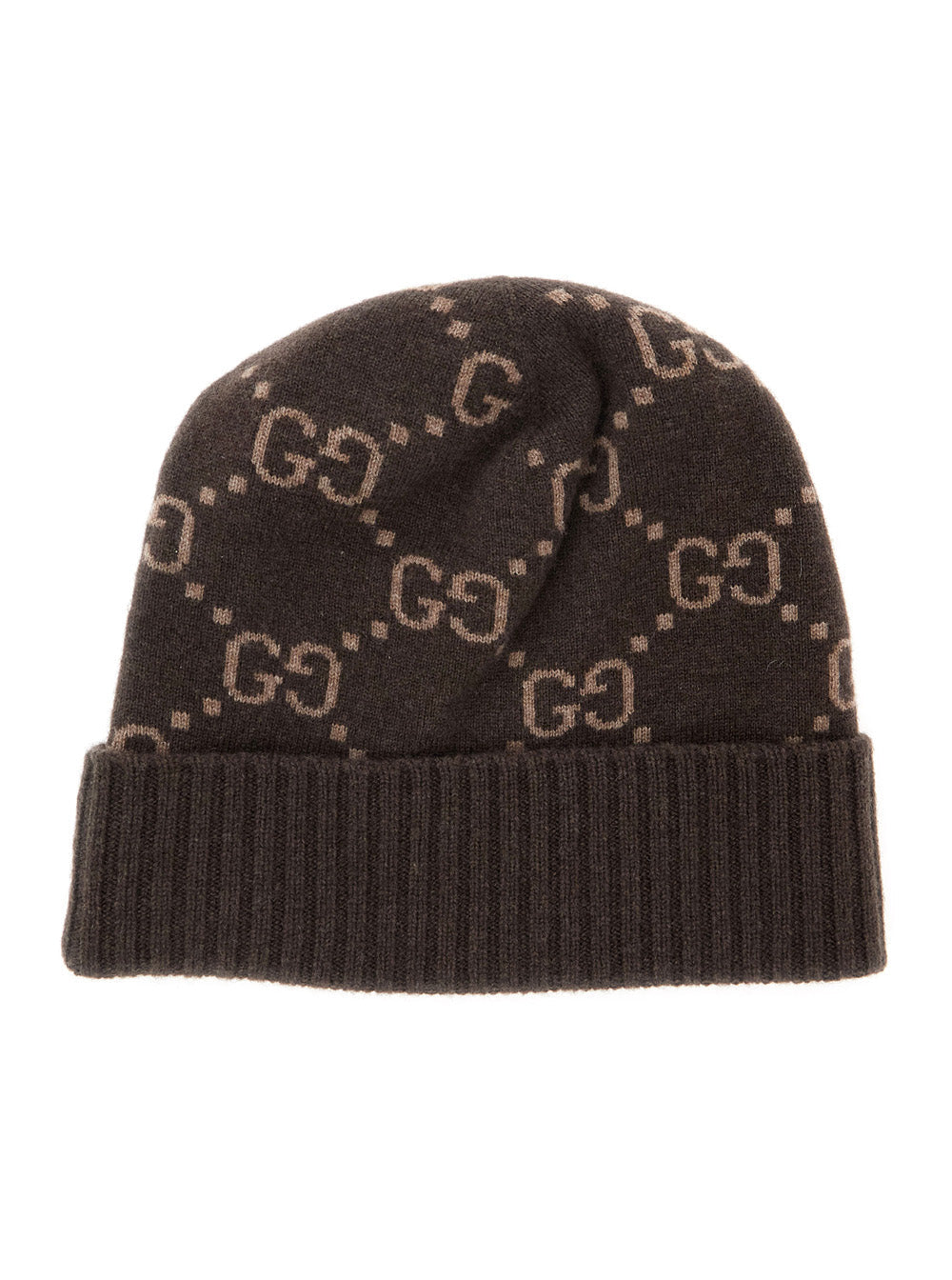 Gucci 811392 Gg Jacquard Cashmere Beanie — Brown Beanies
