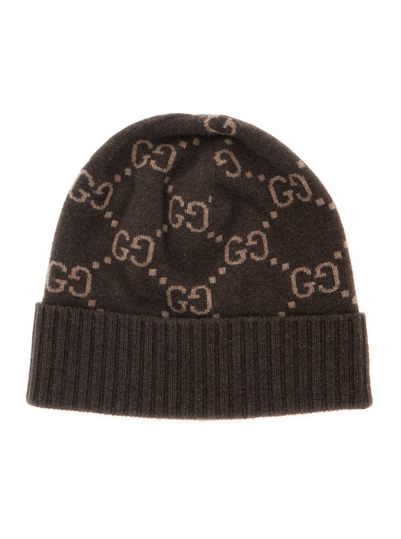 Gucci 811392 Gg Jacquard Cashmere Beanie — Brown Beanies