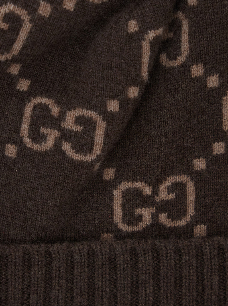 Gucci 811392 Gg Jacquard Cashmere Beanie — Brown Beanies
