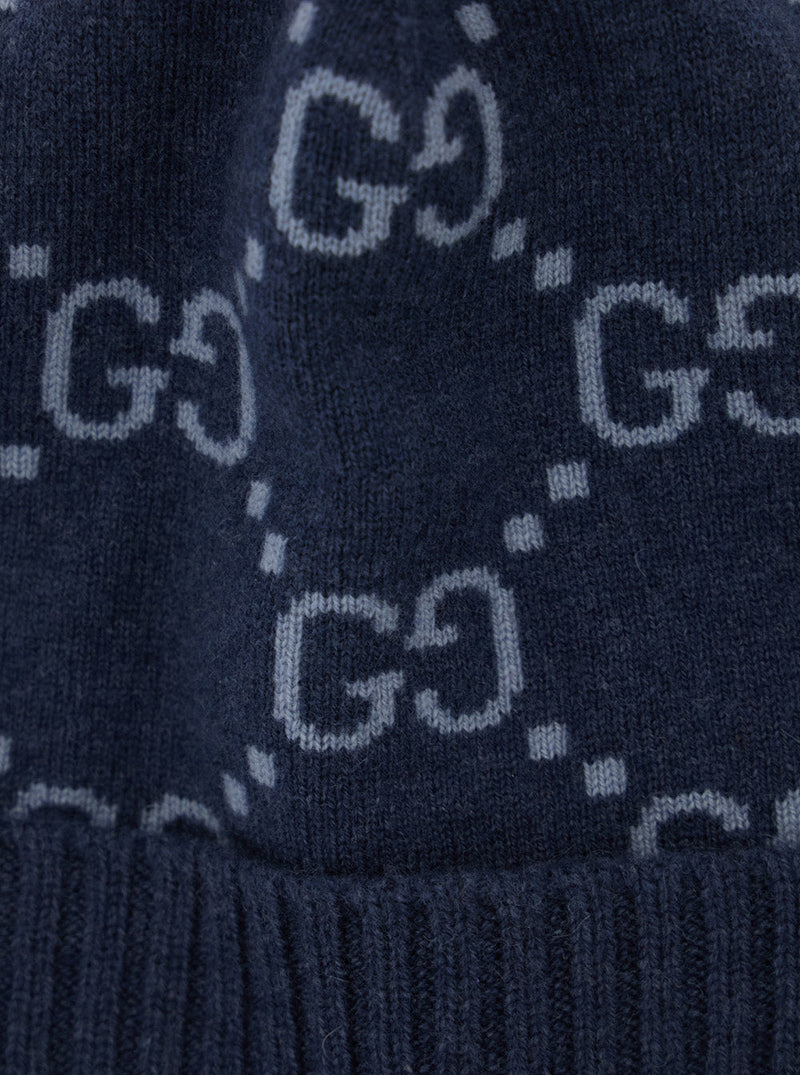 Gucci 811392 Gg All-Over Cashmere Cuff Beanie — Blue Beanies