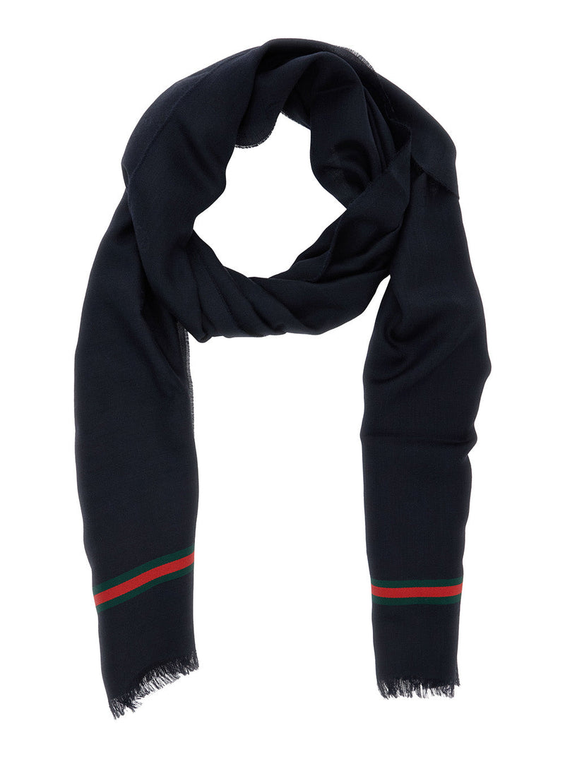 Gucci Web Stripe Gg Logo Silk Twill Scarf — Navy Scarfs