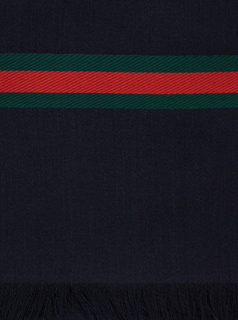 Gucci Web Stripe Gg Logo Silk Twill Scarf — Navy Scarfs