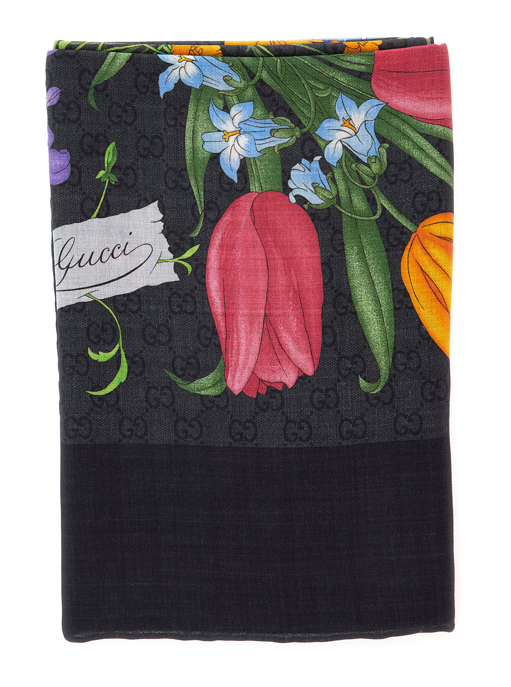 Gucci Floral Wool-Silk Blend Scarf — Black Scarfs