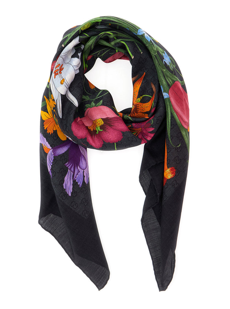 Gucci Floral Wool-Silk Blend Scarf — Black Scarfs