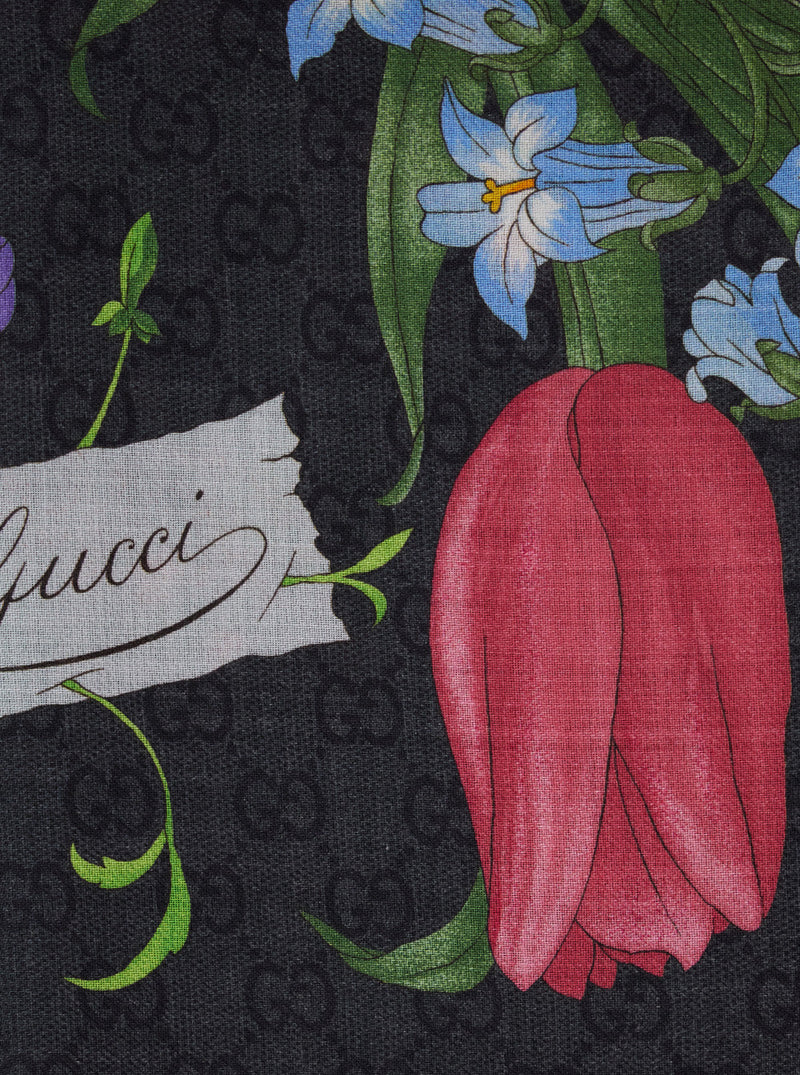 Gucci Floral Wool-Silk Blend Scarf — Black Scarfs