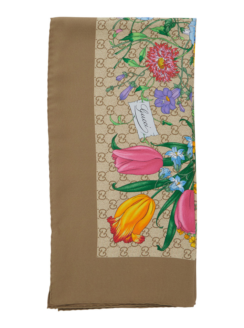 Gucci Floral Gg Silk Twill Scarf — Beige Scarfs