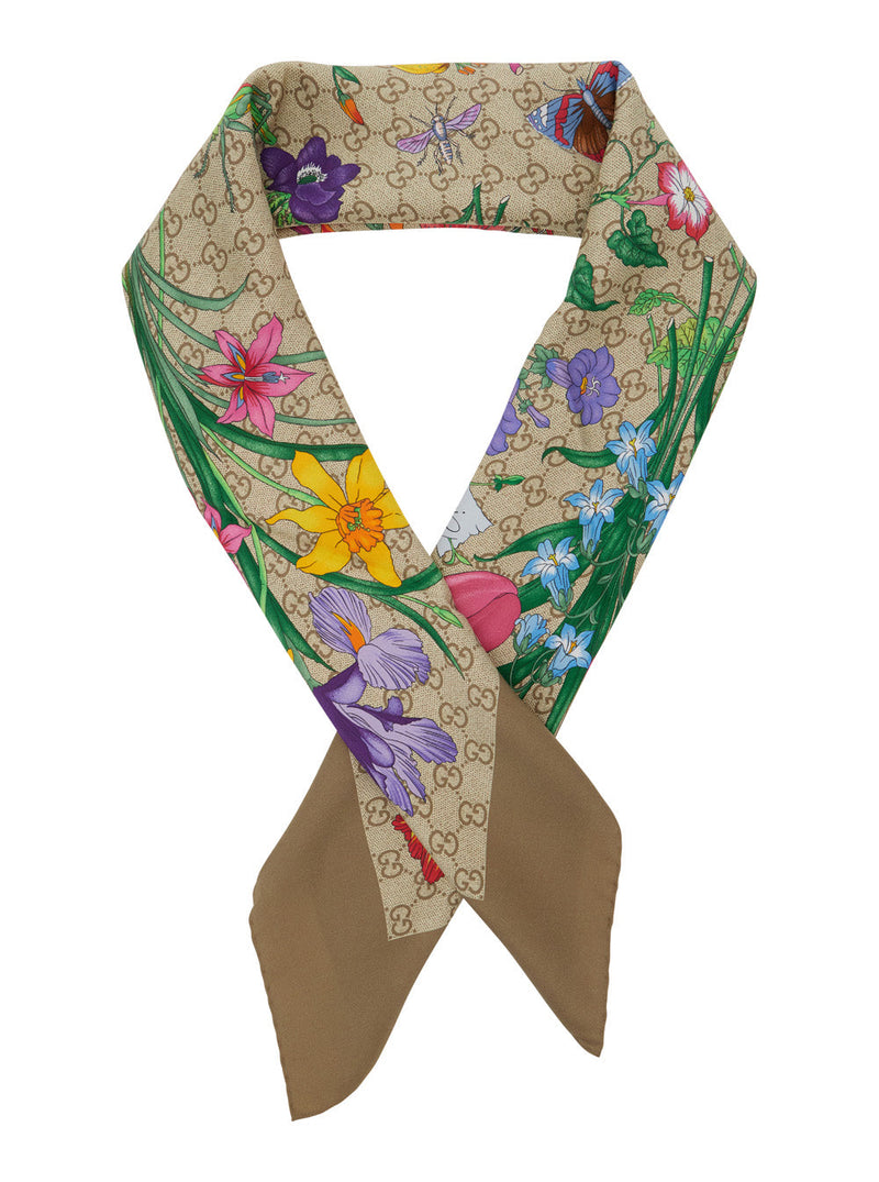 Gucci Floral Gg Silk Twill Scarf — Beige Scarfs