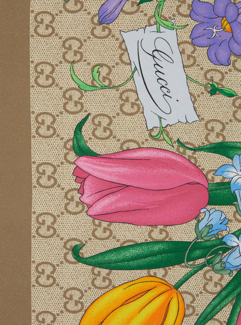 Gucci Floral Gg Silk Twill Scarf — Beige Scarfs