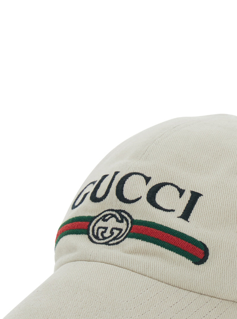 Gucci 875736 Embroidered Logo Baseball Cap — White Cotton Caps