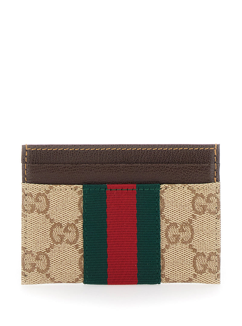 Gucci Gg Motif Web Stripe Card Case — Beige Fabric Cases