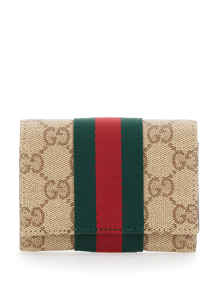 Gucci Gg Monogram Web Stripe Card Case — Beige Fabric Cases