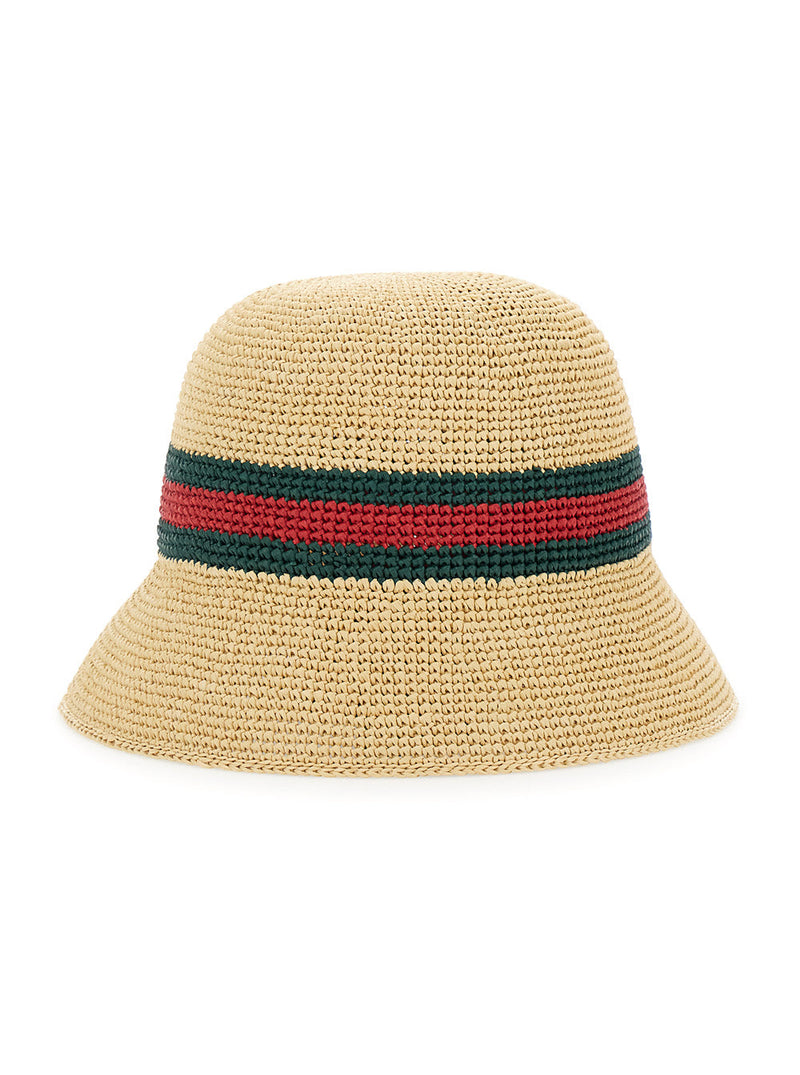Gucci 876257 Web Stripe Straw Bucket Hat — Beige