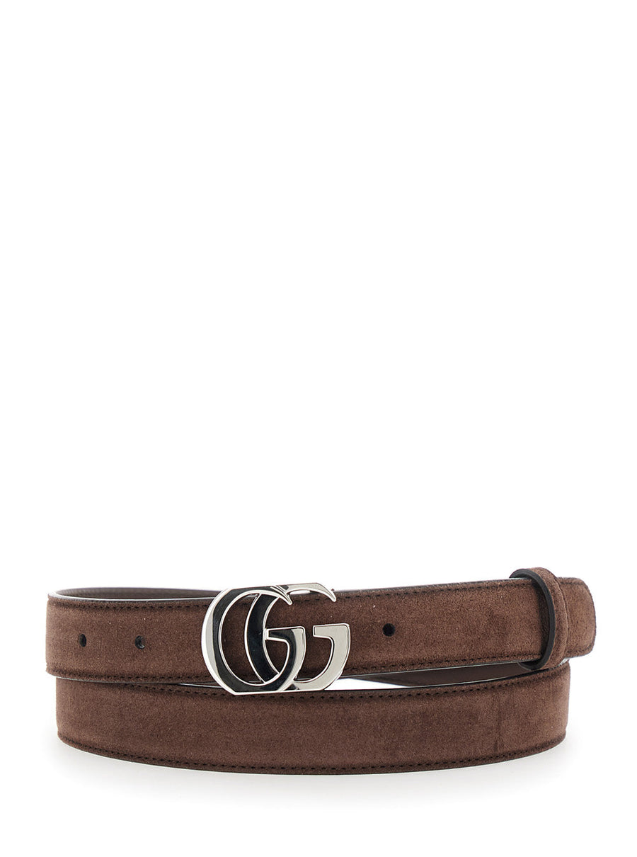 Gucci Gg Buckle Suede Belt — Brown