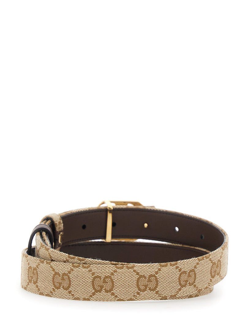 Gucci Reversible Gg Canvas And Leather Belt — Beige