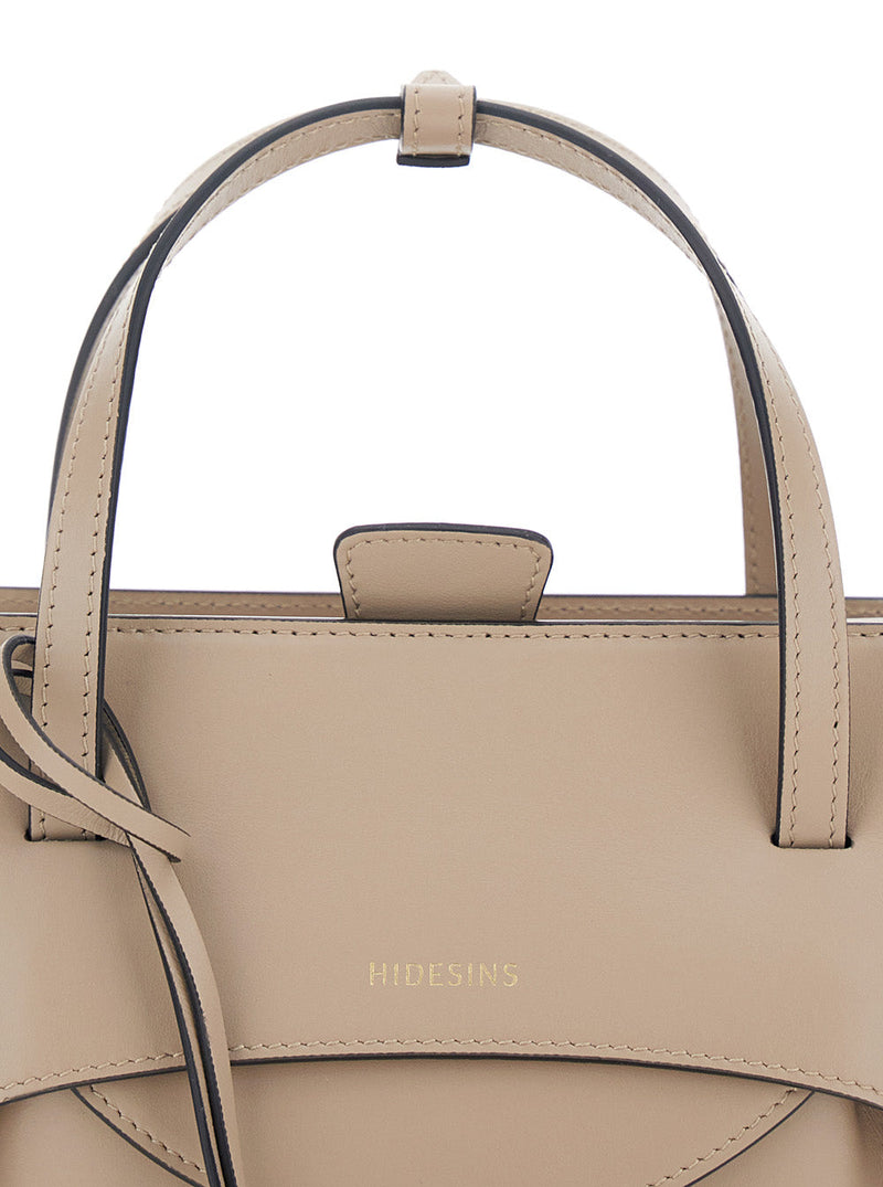 Hidesins Embossed-Logo Calf Leather Top Handle Bag — Beige