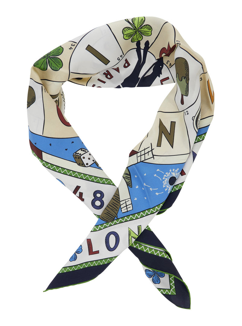 Longchamp Zodiac-Print Silk Scarf — Blue Scarfs