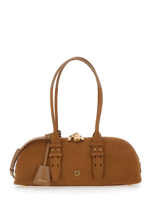 Pinko Suede Bowling Shoulder Bag — Brown Leather