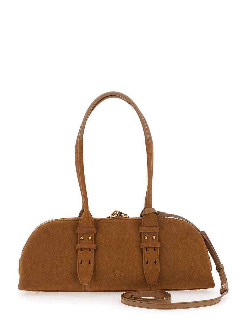 Pinko Suede Bowling Shoulder Bag — Brown Leather