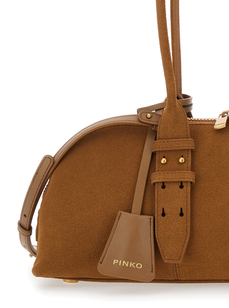 Pinko Suede Bowling Shoulder Bag — Brown Leather