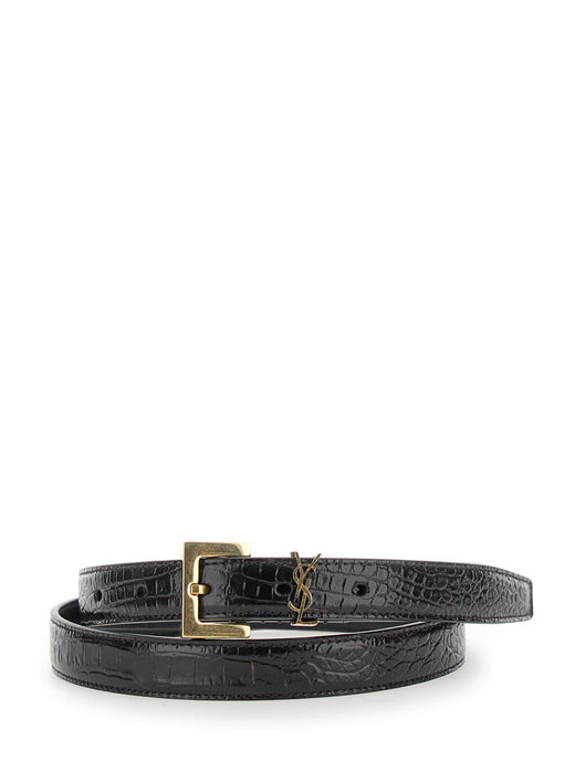 Saint Laurent Cassandre-Buckle Croco-Printed Belt — Brown Leather