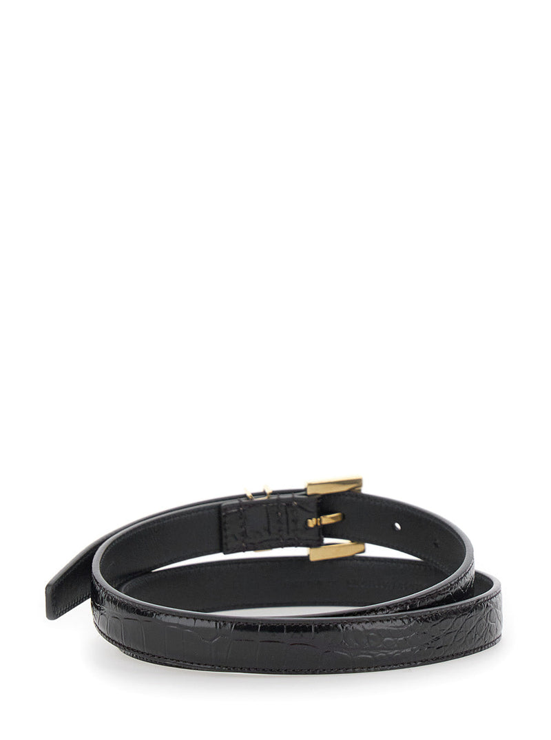 Saint Laurent Cassandre-Buckle Croco-Printed Belt — Brown Leather