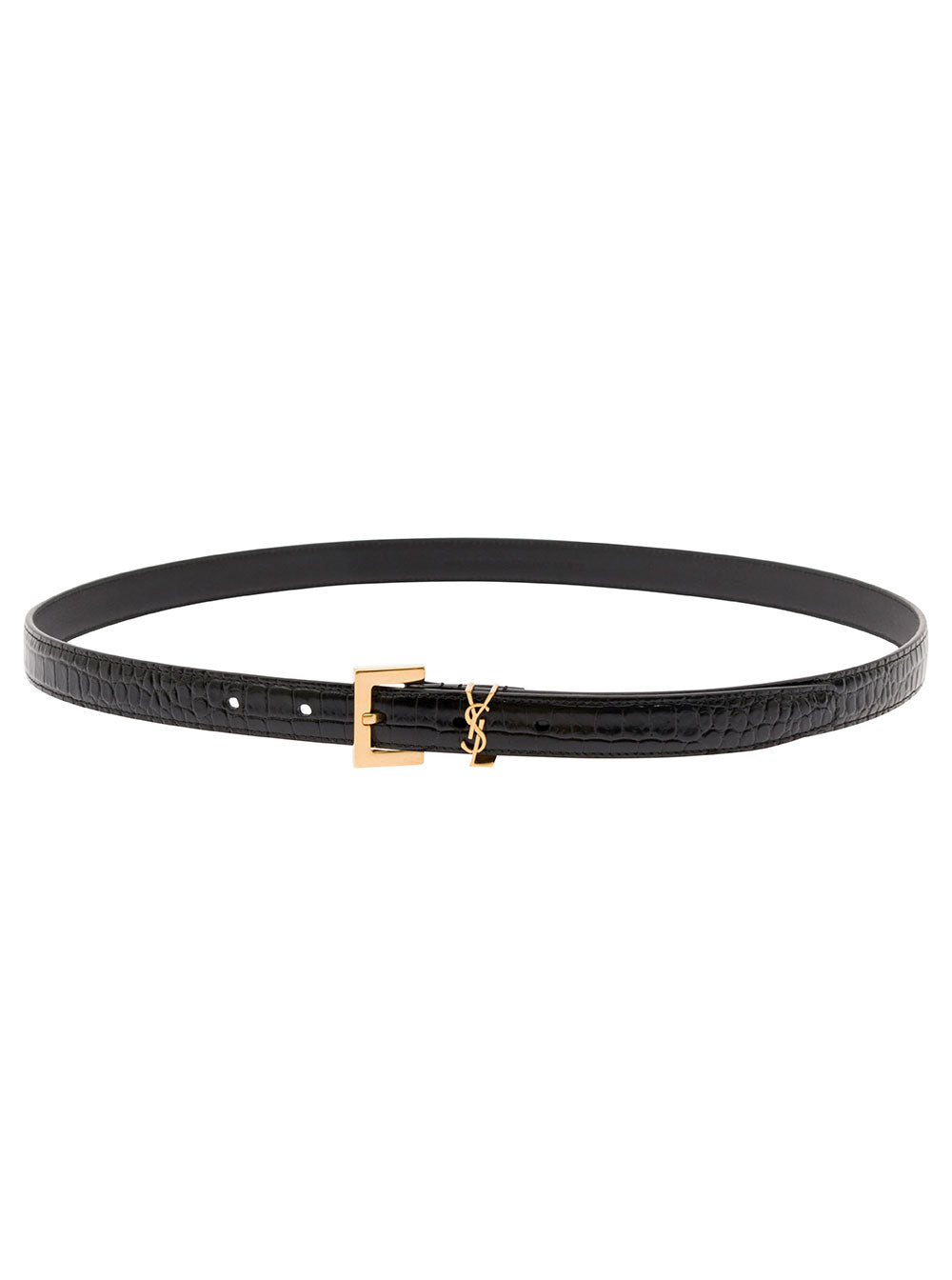 Saint Laurent Cassandre Belt — Black Crocodile-embossed Leather