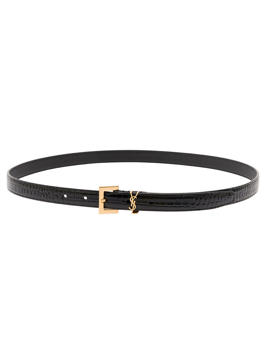Saint Laurent Cassandre Belt — Black Crocodile-embossed Leather