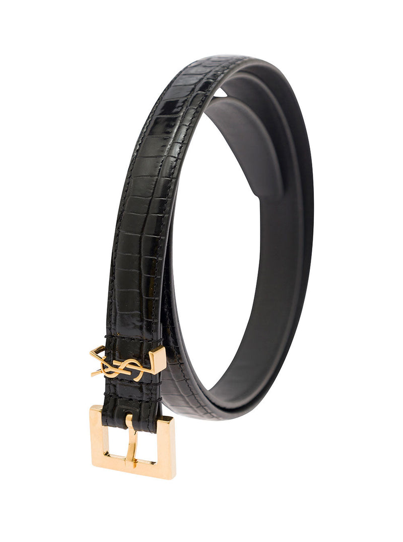 Saint Laurent Cassandre Belt — Black Crocodile-embossed Leather