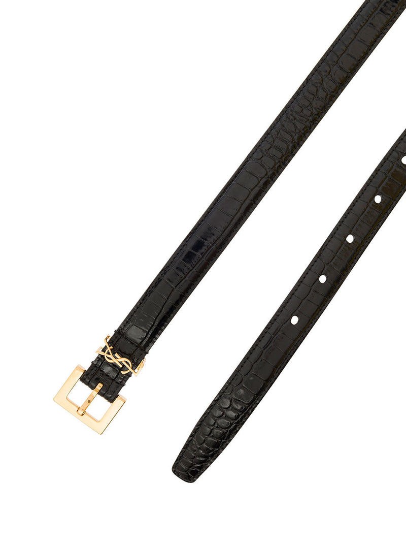 Saint Laurent Cassandre Belt — Black Crocodile-embossed Leather